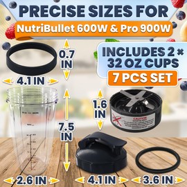 Bullet Blender Cups 32 oz - 7 PCs Blender Cup Replacement Set Compatible with 600W and Pro 900W High-Speed Systems - Stainless Steel Extractor Blade for Mixing, Smoothies, Juicing, and More