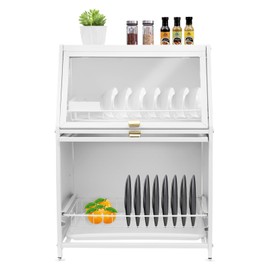 WUSILILU Dish Drying Rack with Cover, Pull-Out Drip Tray, Double Drain Shelf for Kitchen Counter, 2-Tier Dish Storage Rack, Utensil Shelf Organizer with Drain Tray (White)