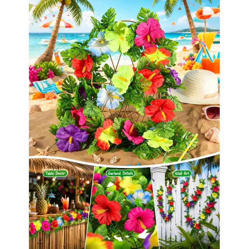 2 Pcs Tropical Hibiscus Flower Garland, 7 FT Artificial Monstera
