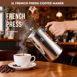TOMAKEIT 1L/34 Oz French Press Coffee Maker,304 Stainless Steel Coffee Press,Durable & Easy Clean,Leak-Proof Design,Prensa Francesa Para Cafe for Home,Office,Camping (Silver-Upgrade)