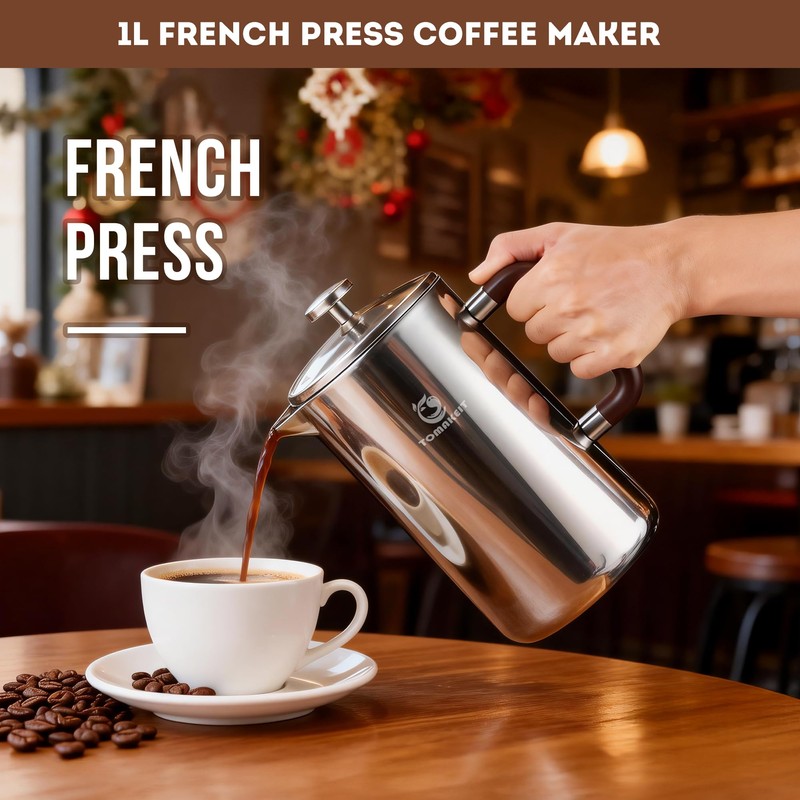 TOMAKEIT 1L/34 Oz French Press Coffee Maker,304 Stainless Steel Coffee
