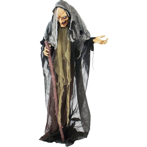 Haunted Hill Farm Life-Size Scary Poseable Talking Witch with Touch Activated Lights and Sound, Battery-Operated Indoor/Covered Outdoor Halloween Decoration