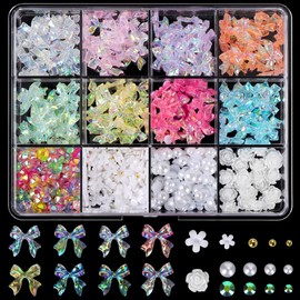 COOSLIM Colorful Bow-Knot Nail Stud Rhinestones Crystal, 3D Bows Nail Charm Aurora Bowknot Charms Set with Butterfly Flower Pearl for Acrylic Nails Design DIY Decoration B