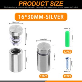 Rustark 12 Sets 5/8" x 1.18" Silver Stainless Steel Standoff Screw Advertising Mounting Hardware Wall Mount Glass Standoff Holder for Hanging Acrylic Sign Glass Panel Advertising (16mm Dia. x 30mm L.)