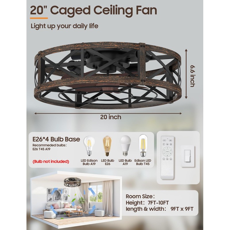 Caged Ceiling Fan with Light and Remote, 20" Low Profile