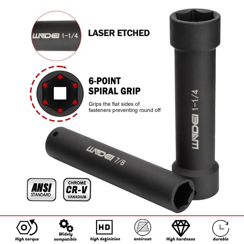 LLNDEI 1/2 Inch Drive Extended Length Impact Socket Set， 6PCS