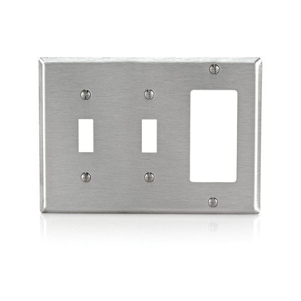 Leviton 84421-40 3-Gang 2-Toggle Decora/GFCI Device Combination Wallplate, Stainless Steel