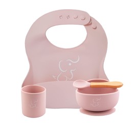 PAPU BABY Set de Comida - 1 Babero, 1 Vaso y 1 Platos Hondo/Bowl (Rosa Pastel)