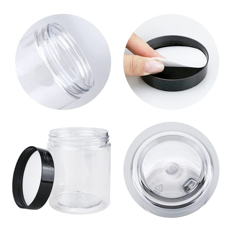 BiBiFly 250ml 16pcs Clear Plastic Round Jars with Black Lids,