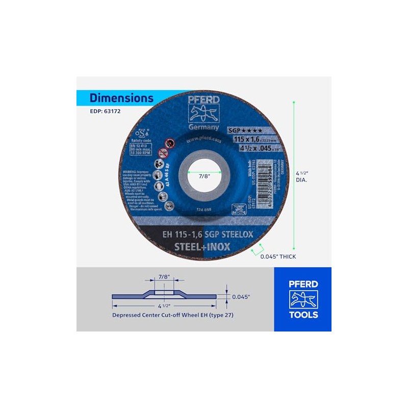 PFERD 4-1/2'' X .045'' Cut-Off Wheel 7/8'' AH A (63172)