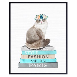 Persian cat Wall Decor - Bedroom Decor for Women - Girls Room Decor - Cat Wall Art - Living room decor for Women - Cat Lovers - Fashion Wall Decor - Blue - Yellowbird Art & Design UNFRAMED 8x10