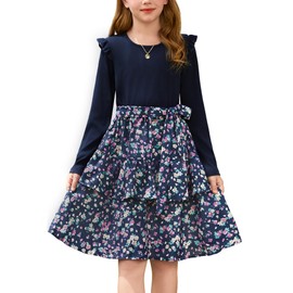 GRACE KARIN Girls Long Sleeve Fall Dresses Navy Ruffle Floral Tiered Midi Dress with Belt for 10-11 Years Kids