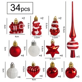 Set of 34 Christmas Baubles with Tree Topper, Diameter 3/4.5/5.5 cm, Small Christmas Tree Baubles, Plastic, Red White Baubles, Mini Christmas Decoration, Table Decoration, Christmas Tree Decoration