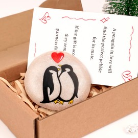 Valentines Day Gifts for Him or Her - Hand-Painted Penguin Pebble, Cute & Funny Small Gift for Boyfriend, Girlfriend, Husband, Wife - Unique Valentines Cards for Adults and Girls