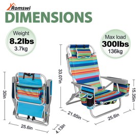 2Pk Aluminum 5-Position Lay Flat Folding Backpack Beach Chairs for Adults with Cooler Bag, Cup&Phone Holder, Towel Bar for Outdoor Lawn Picnic Sport, Portable Foldable Camping Chairs, Multi Stripes