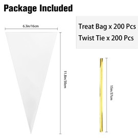 200 Pcs Cone Shaped Treat Bags, 11.8x6.3 Inches Cone Shaped Cellophane Treat Bags, Triangle Treat Bags with Ties, Clear Treat Bags, Plastic Treat Bags with Twist Ties for Popcorn Treats Cookies Candy
