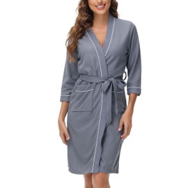 Starblazia Waffle Dressing Gown Ladies Housecoats Lightweight Women's Kimono Bathrobes Soft Nightwear for All Seasons Spa Sleepwear Hotel,M,Grey