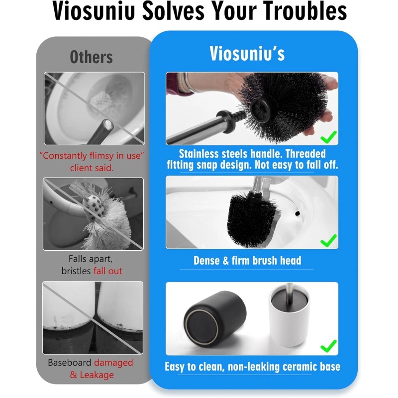 Viosuniu Ceramic Toilet Brush & Holder Set, Stainless Steel Handle,