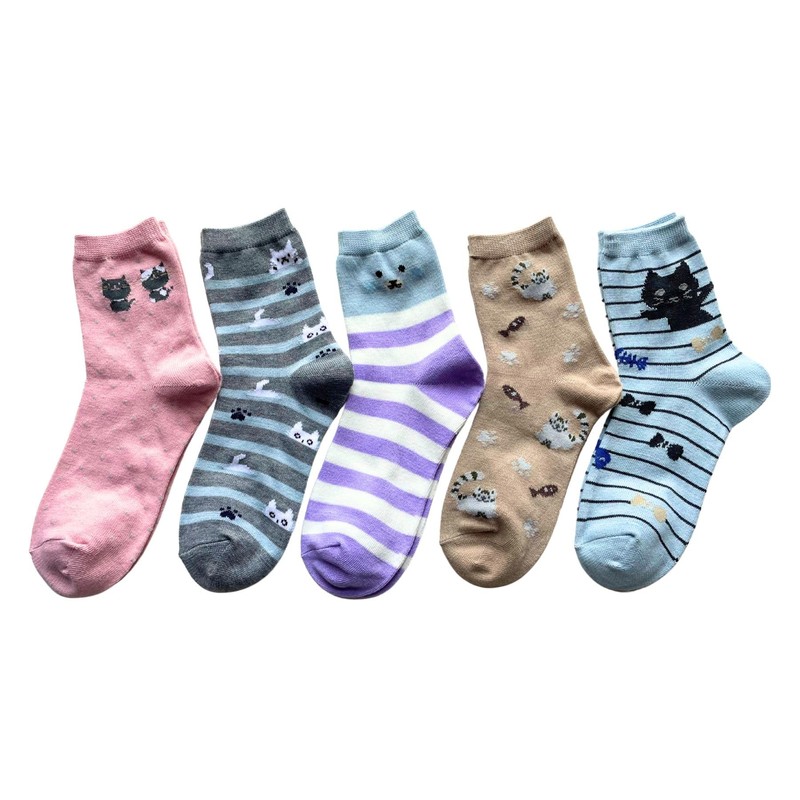 Mode Select Women's Socks, Cute, Cat Pattern, 5 Pairs Set,