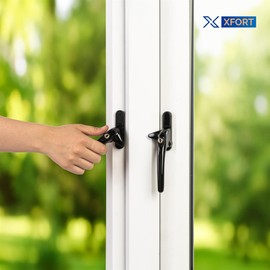 XFORT Locking Cockspur Window Handle Installation Kit in Black, Left Hand UPVC Window Handle Replacement, Lockable Window Lever