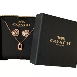 COACH 3-PC SET C Logo Rose Gold Necklace & Heart Earrings Crystal Pave +GIFT BOX