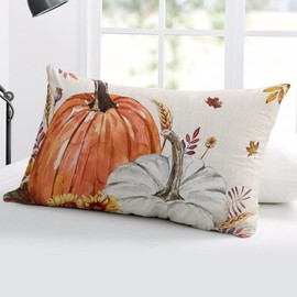 Rectangle Decorative Throw Pillow Cover, Harvest Fall Pillow Case Soft Cushion Case Lumbar Pillowcase for Couch Sofa Bedroom Car Farmhouse Boho Decor 16x24 Inch Pumpkins Wheats Leaves Rustic Burlap