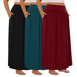 Ficerd 3 Pack Plus Size Maxi Long Skirts for Curvy Women, Ankle Length a Line Pleated High Waisted Summer Skirts with Pocket(Black, Lake Green, Dark Red,3X-Large)
