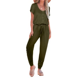 REORIA Women's Summer Casual Jumpsuit Plain Scoop Neck Button Down Bud Sleeve Rompers With Pockets Army Green M