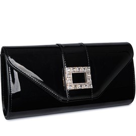 Larger Patent Leather Envelope Flap Clutch Classic Elegant Evening Bag Rhinestones Purses Stylish Dress Purse(Black)