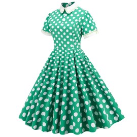 IWEMEK Women's Green-polka Polka Dots Peter Pan Collar Dress, Size S, High Waist, Midi Length, All Seasons, Adult, Swing Silhouette, Casual Party, Cotton Lace, Short Sleeve, Machine Wash