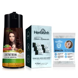 Herbishh Chestnut Brown 3 in 1 Hair Dye Shampoo 400 ML PPD Free + Hair Color Stain Remover Wipes 25 pcs + Hair Dye Stain Protection for Ears 100 pcs