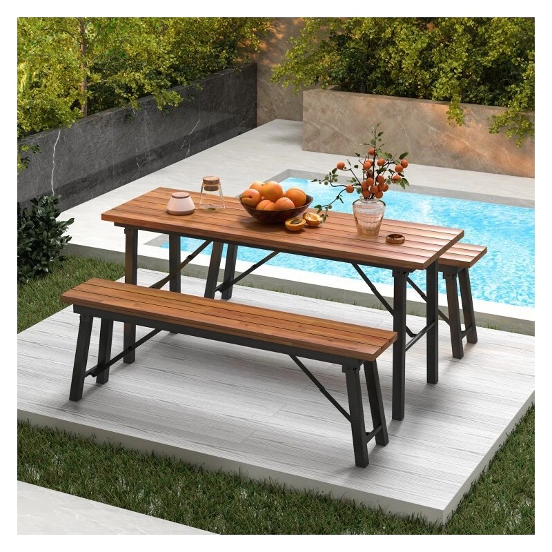 COSTWAY Indoor Outdoor Folding Acacia Wood Dining Benches Rectangular Camping