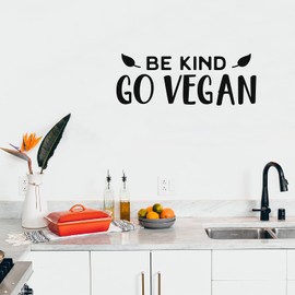 Vinyl Wall Art Decal - Be Kind Go Vegan - 10" x 27" - Trendy Motivational Positive Healthy Lifestyle Quote Sticker For Office Wellness Clinic Gym Nutrition Center Home Kitchen Restaurant Decor (Black)
