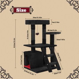 HEOMU Gothic Cat Tree with Scratching Post, 32.6" Goth Cat Tower with Coffin Bed, Soft Cushion Platform, Spider Hanging Ball, Cozy Condo, Pet Furniture Climbing Tower for Indoor Cats, Black