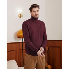 Kallspin Men's Turtleneck Wool Blend Turtleneck Pullover Relaxed Fit Long Sleeve Cable Knit Jumper, burgundy