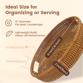 VAZINE 12 Inch Rattan Lazy Susan Turntable Organizer, Round Rotating Wicker Serving Tray with Handles for Kitchen Counter, Coffee Table, Cabinet Storage