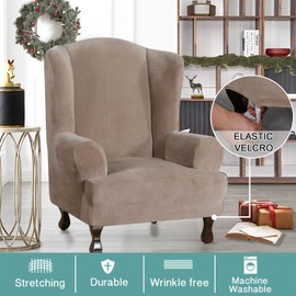 Turquoize Wing Chair Slipcover Velvet Slipcovers for Wingback Chairs Ultra Soft Velvet Sofa Covers 1-Piece Furniture Cover/Wingback Chair Cover with Elastic Bottom, Machine Washable(Wing Chair,Taupe)