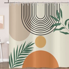 Hnmdmyi Shower Curtain Boho 180 x 200 cm, Mid Century Abstract Leaf Arch Sun Beige Shower Curtains Modern Minimalist Aesthetic Art Bath Curtain Waterproof Fabric Washable Bath Curtain with Hooks