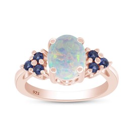 AFFY White Opal & Blue Sapphire In 14k Rose Gold Over Sterling Silver Oval & Round Cut Ring Jewelry For Womens Ring Size-4