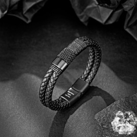 murtoo Men's Premium Leather Bracelet in Black and Brown, Magnetic Clasp Made of Stainless Steel, Great Gift Idea for Men, Stainless Steel