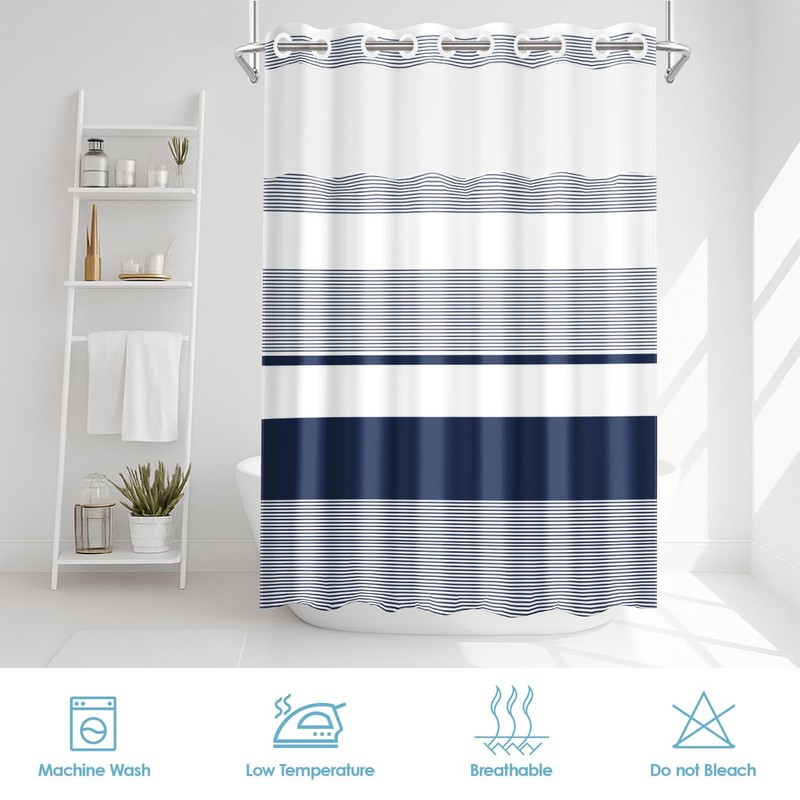 Nesphy No Hook Navy Blue Shower Curtain with Snap in