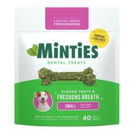 Minties Dog Dental Bone Treats, Tiny/Small Dental Dog Treats, 16 Ounces, Cleans Teeth, Fight Bad Breath, Removes Plaque and Tartar, 16 Count