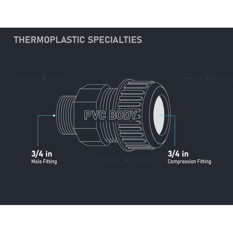 Midline Valve 587DB034 PVC Compression x Male Adapter Pipe Fitting;