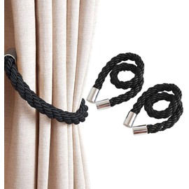 Magnetic Curtain Tiebacks,Senshuomy 2 PCS Curtain Rope Fasteners with Strong Magnets, Braided Rope Curtain Holder Decoration, Suitable for Home Office Hotel Window Deco No Install/Drill/Hook(Black)