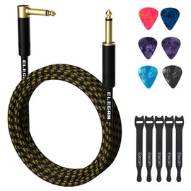 Guitar Cable 20 Feet -Right Angle to Straight Instrument Cable-Gold Plated Nylon Braided-90 Degree 1/4 Inch TS Professional Electric Bass Guitar Cord Amp Cable 6.35mm Male with 6 Guitar Picks+5 Ties