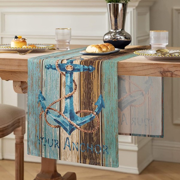 Boho Linen Table Runner Green Blue Grey Planks Barn Teal