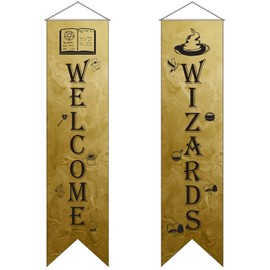 Welcome Wizards Banner Wizards Door Sign Sets Wizard Decorations for Home Wizards Porch Signs Wizard Party Decoration Magical Wizard Banner (Dark yellow-2)