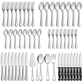 LIANYU 65-Piece Silverware Flatware Set for 10, Plus Steak Knives and Serving Utensils, Stainless Steel Flatware Cutlery Set, Eating Utensils Tableware with Scalloped Edge, Dishwasher Safe