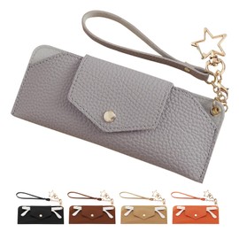 [SFTRADE] メガネケース 眼鏡ケース 薄型 軽量 スリム 可愛い おしゃれ 合皮 革 サングラスケース レディース ソフト メガネポーチ メガネ収納袋 コンパクト 持ち運び メガネ収納ケース バックル付き リストストラップ付き (グレー)