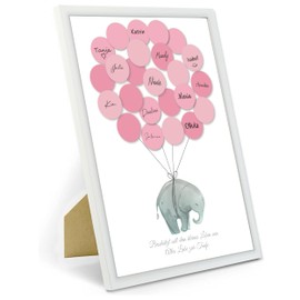 Christening Guest Book Baby Shower Set Guest Gift Puller Party Memorabilia / Keepsake Writeable / Fingerprint with Picture Frame (White Elephant Pink)